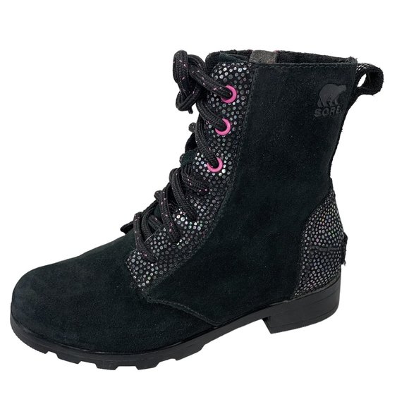 Sorel Emelie‎ Waterproof Black Suede with Lavender Accents Combat Boots - Picture 1 of 11